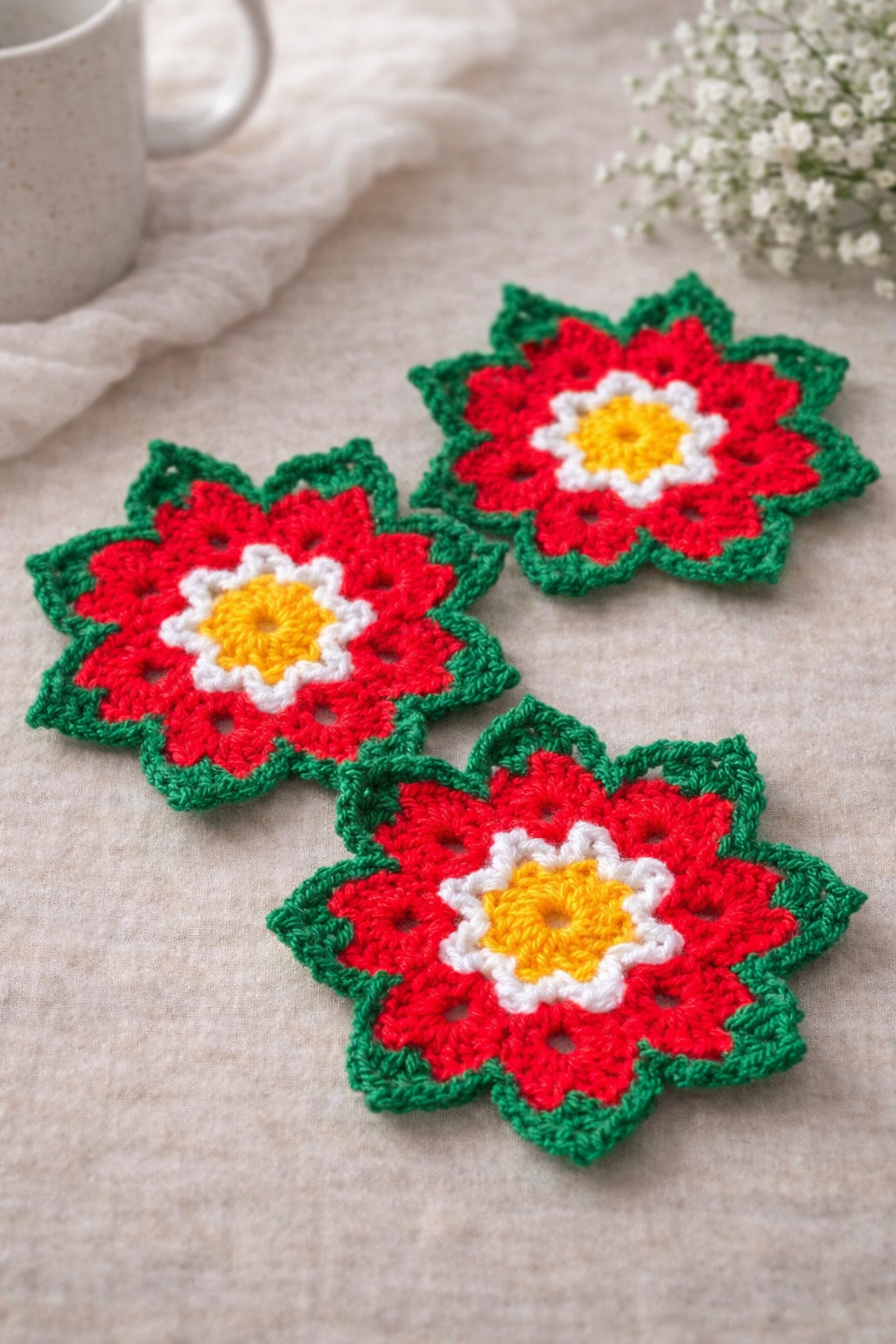 Handmade Crochet Poinsettia Coaster