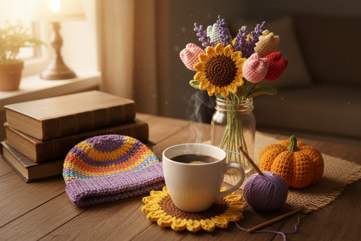 Table, with beautiful crochet sunflower coaster, cup of coffee on the coaster, on a table a bouquet of crochet sunflowers, lavender, tulips. More on a table crochet pumpkin, and a stack of books, closer to the cup of coffee unfinished crochet colourful beanie